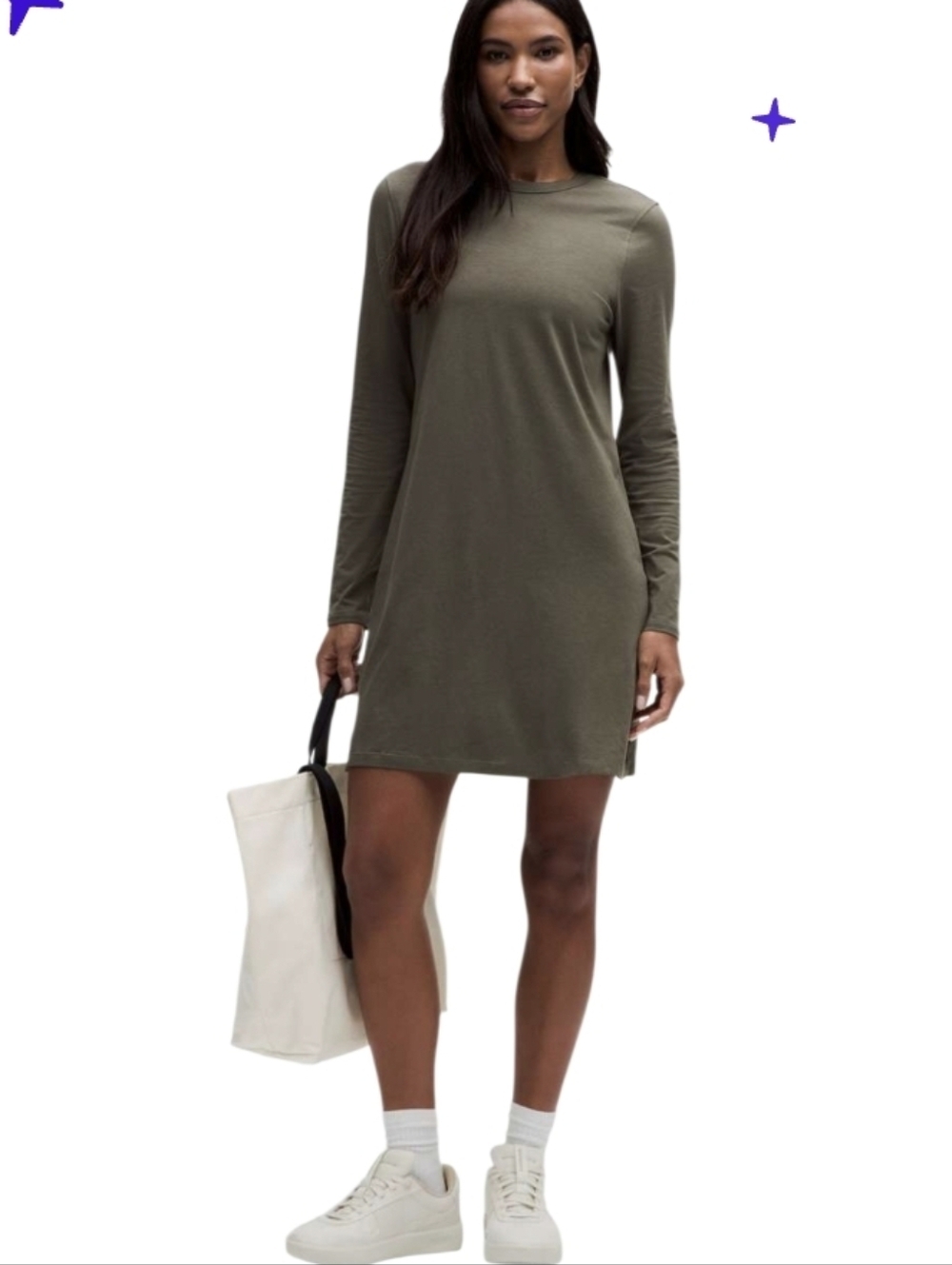 Olive Long-Sleeve Shift Dress - Casual Everyday